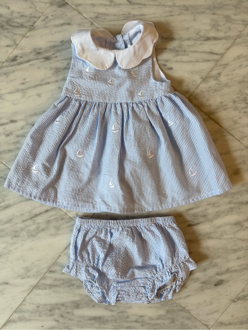 Blue Seersucker Baby Dress with Bloomers